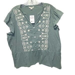 Lucky Brand Sage Green Embroidered Blouse Top Women’s Size XL